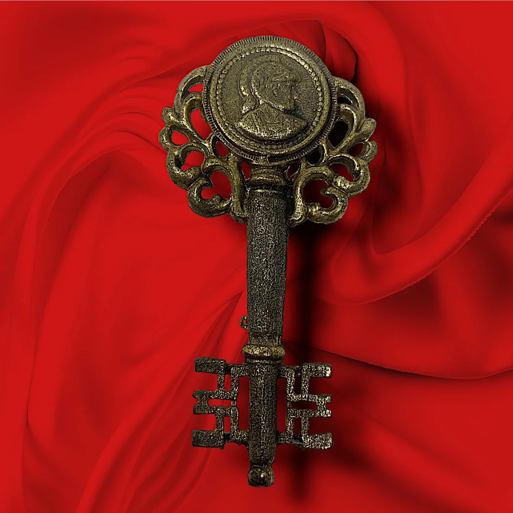 Vintage 1980's Antiqued Bronze Key Shaped Brooch Faux South American Coin